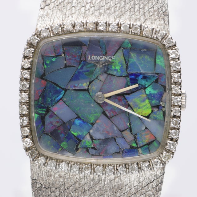 Art Deco Vintage Longines Opal Mosaic Dial 34mm Diamond Bezel 18k White Gold Watch For Sale - Image 3 of 14