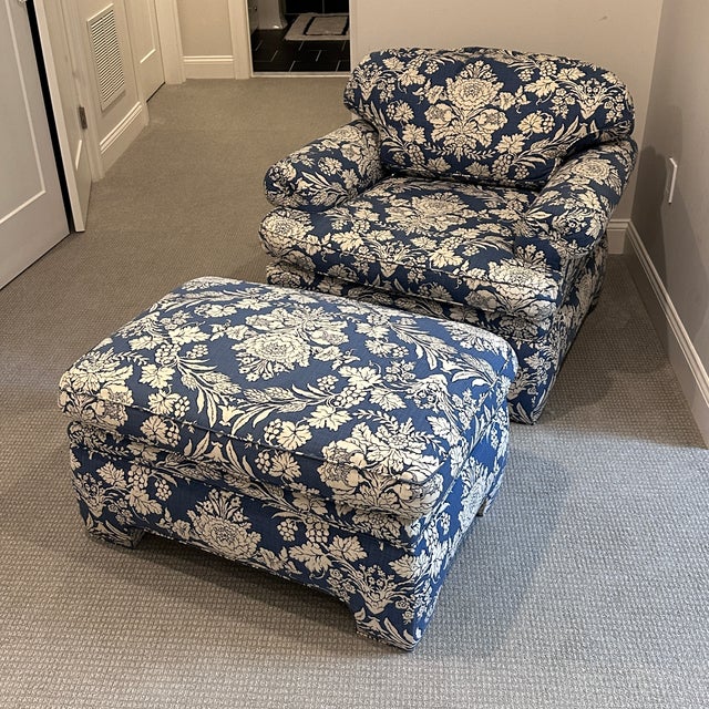 Blue and White Club Chair With Ottoman For Sale - Image 9 of 12