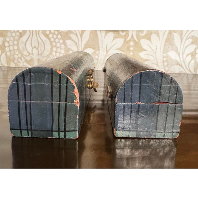 Pair of Vintage Traditional Scottish Tartan Plaid Painted Wood and Brass Arched Lidded Boxes, Blue & Green For Sale - Image 9 of 12