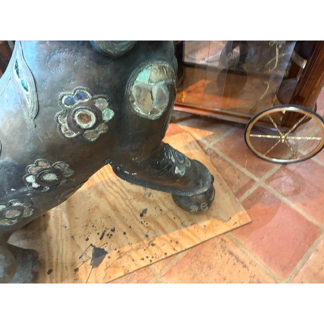 1950s Large 44 Inch High Asian Bronze Foo Dog Statue With Shell Stone Inlay For Sale - Image 4 of 10