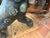 1950s Large 44 Inch High Asian Bronze Foo Dog Statue With Shell Stone Inlay For Sale - Image 4 of 10