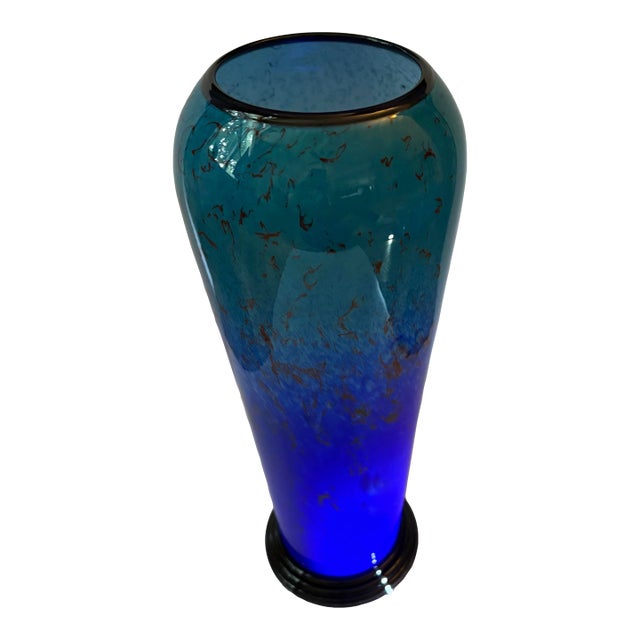 1980s Tall Curtiss Brock Hand Blown Art Glass Vase Featuring a Rich Gradient From Deep Cobalt Blue at the Base to Turquoise Near the Rim. For Sale