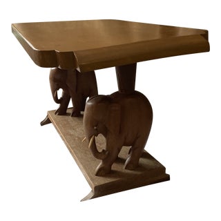 1960s Wood Hand Carved Double Elephant Table For Sale