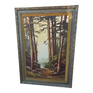 Signed Gerry Downs Oil Painting Feat Redwood Forest Landscape in Carved Wood Frame For Sale