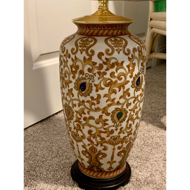 Late 20th Century Gold Lotus Leaf Table Lamp With Flared Linen Shade For Sale - Image 5 of 5