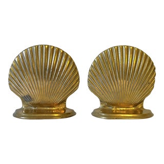 Vintage Mid Century Hollywood Regency Brass Seashell Bookends- a Pair For Sale