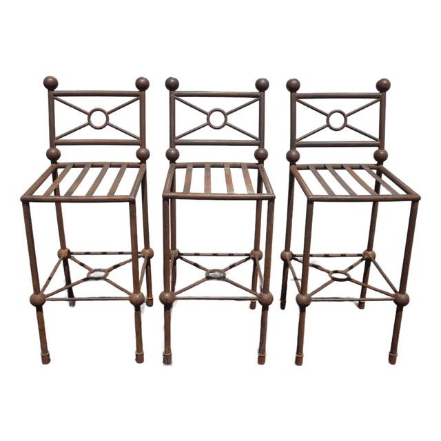 Set Three Vintage Rustic Spanish Style Iron Barstools Crackle Finish No Cushions For Sale