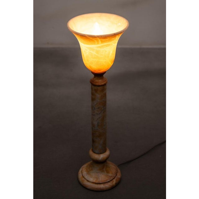 Alabaster table lamp handcrafted in white stone alabaster, Spain 1970s. The lamp gives a soft, pleasant light. Stylish for...