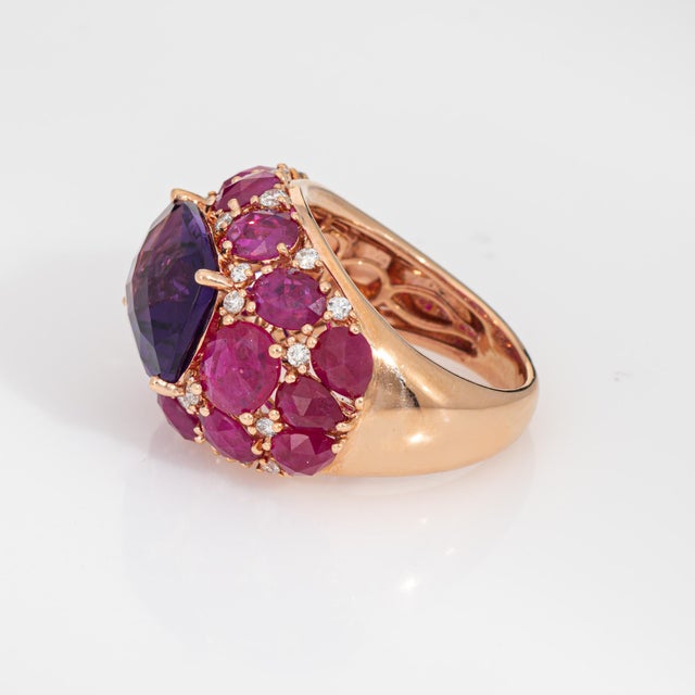 Early 21st Century Amethyst Ruby Diamond Ring Size 5.5 Estate 18k Rose Gold Band Gemstone Jewelry For Sale - Image 5 of 6