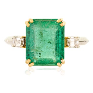 Two Tone 18k Gold Genuine Emerald Three Stone Ring Size 6 For Sale