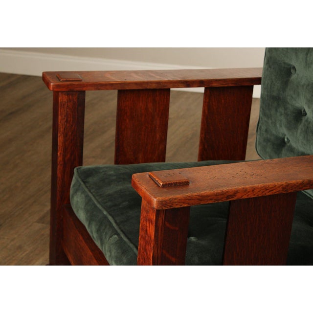 Stickley Brothers Antique Oak Arts & Crafts Rocking Chair With Green Upholstered Cushions For Sale - Image 12 of 18