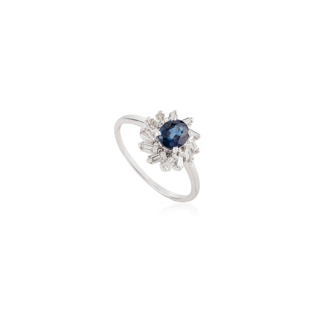 Art Deco Style Blue Sapphire & Baguette Diamond Halo Cluster Ring 14k Gold Size 5.5 For Sale - Image 4 of 17