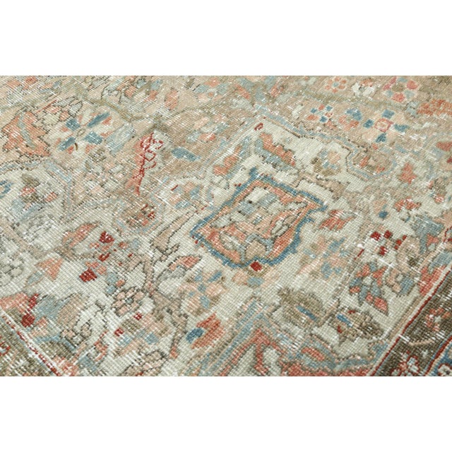 Antique Distressed Heriz Rug – Handwoven Wool on Cotton, Faded Blue & Terracotta Medallion Carpet -7' 11'' X 11' 2'' For Sale - Image 16 of 18