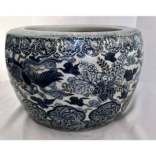 Large 20" Vintage Japanese Blue & White Porcelain Phoenix Jardinière - Signed For Sale - Image 12 of 18