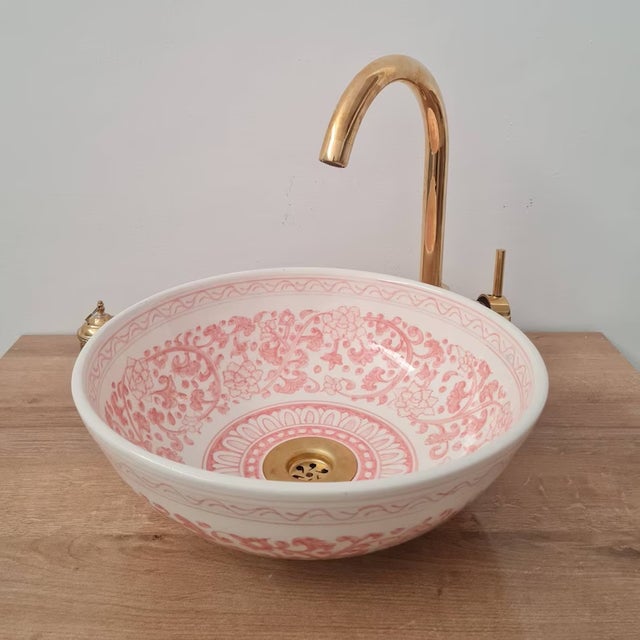 Not Yet Made - Made To Order Contemporary Blue and White Bathroom Wash Basin with Brass Drain For Sale - Image 5 of 9
