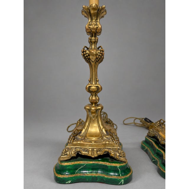 19th Century Pair of Antique Continental Gilt-Metal Grape-Vine & Faux Malachite Table Lamps For Sale - Image 5 of 10