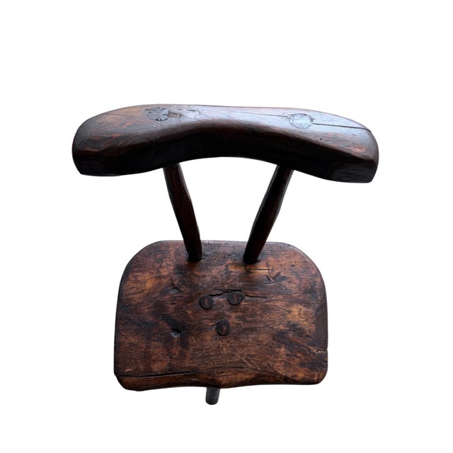 Rustic Three-Legged Wooden Stool with Backrest For Sale - Image 3 of 6