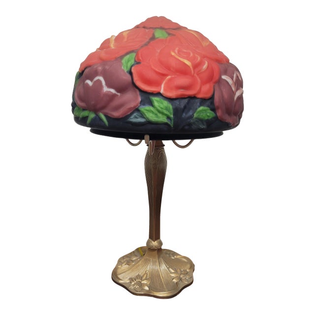 Pairpoint-Style Table Lamp With Puffy Rose Shade, 1998 For Sale