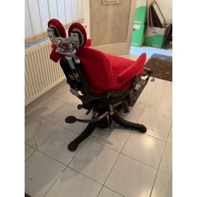 Industrial Barber Chair with Red Upholstery and Adjustable Footrest For Sale - Image 3 of 9