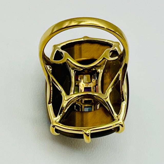 Massive Tiger's Eye & Multi-Gemstone Rainbow Cocktail Ring Sterling Silver Gold Vermeil - Size 9 For Sale - Image 6 of 11