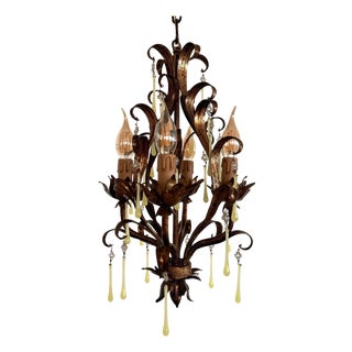 Mid-Century Modern Italian Murano Glass Gilt Chandelier with Yellow Glass Drops, 1960s For Sale