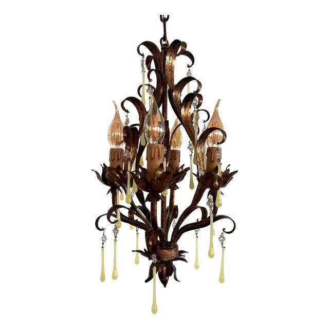 Mid-Century Modern Italian Murano Glass Gilt Chandelier with Yellow Glass Drops, 1960s For Sale