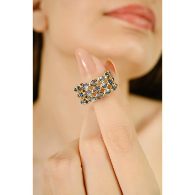 Metal 9.54 Ct Natural Blue Sapphire Triple Row Wide Band Ring Size 7 in 14k Gold For Sale - Image 7 of 15