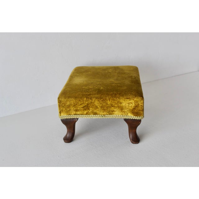 Wood Vintage Queen Anne-Style Velvet Cushion Cabriole Legs Footstool Ottoman For Sale - Image 7 of 15