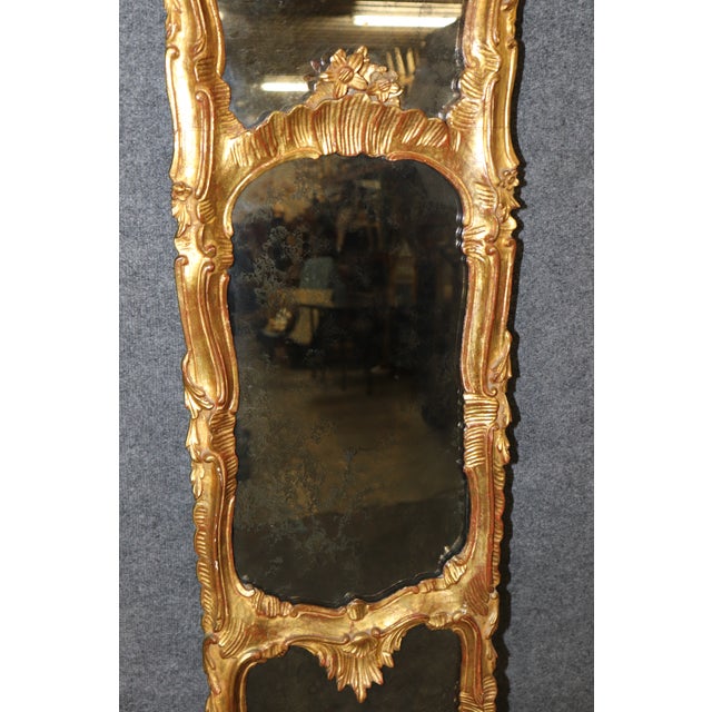 Pair of Rare Tall Italian Rococo Style Distressed Carved Gilt Gold Mirrors For Sale - Image 10 of 10