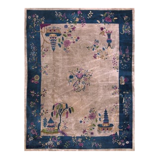1920s Taupe Field Modernist Floral Antique Chinese Art Deco Room Size Wool Rug For Sale