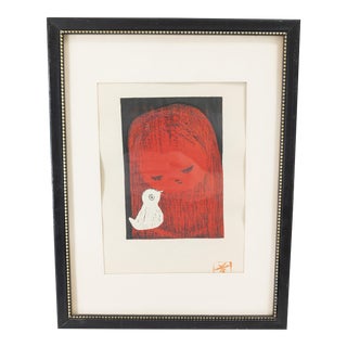 Mid-Century Japanese Modern Woodblock Print of Girl With Bird by Kaoru Kawano For Sale