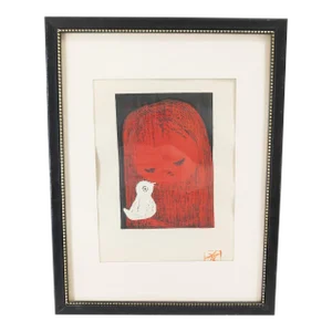 Mid-Century Japanese Modern Woodblock Print of Girl With Bird by Kaoru Kawano