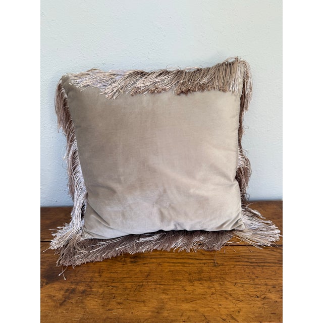 1990s Taupe Velveteen Pillow With Long Silky Fringe For Sale - Image 5 of 6