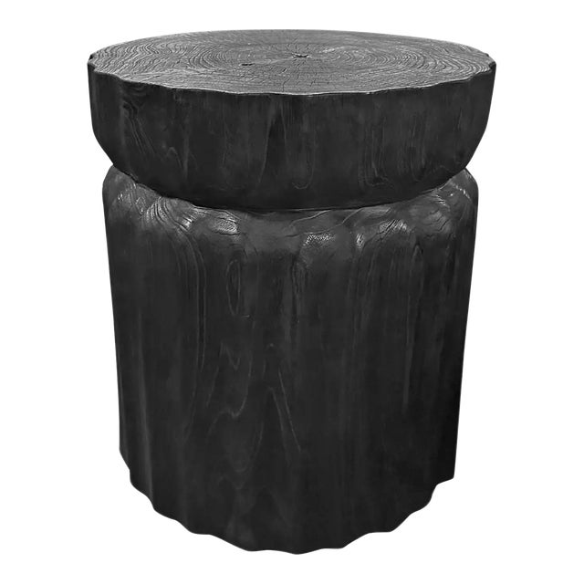 Round Teak Wood Side Table, Carved Detailing, Modern Organic, Burnt Finish For Sale