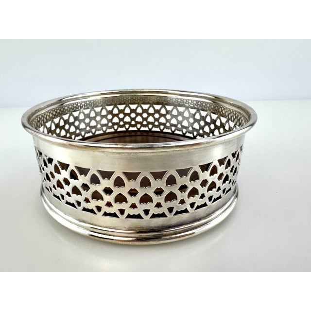 Vintage Mid Century Modern Silverplate Pierced Gallery Wine & Decanter Coaster With Wood Base For Sale - Image 4 of 7