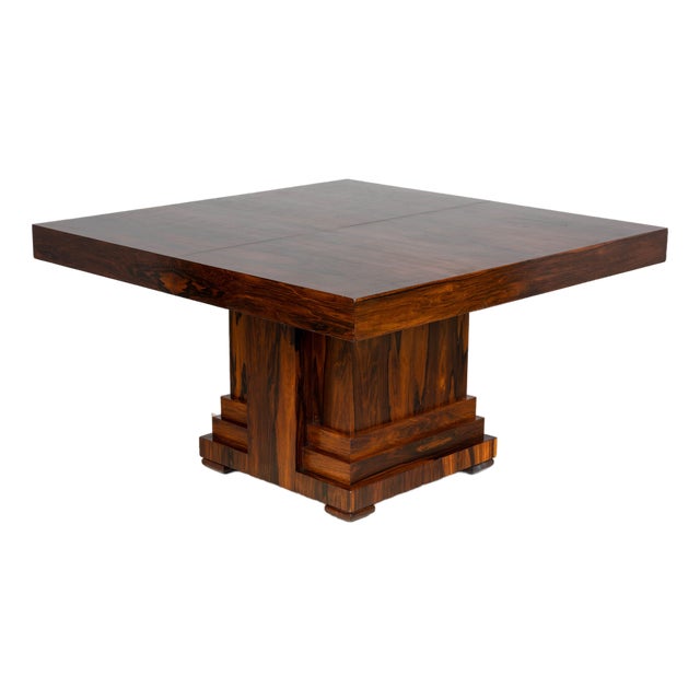 1930s French Art Deco Square Rosewood Dining Table With Architectural Pedestal Base For Sale