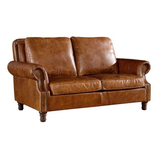 English Rolled Arm Love Seat - Light Brown Leather For Sale