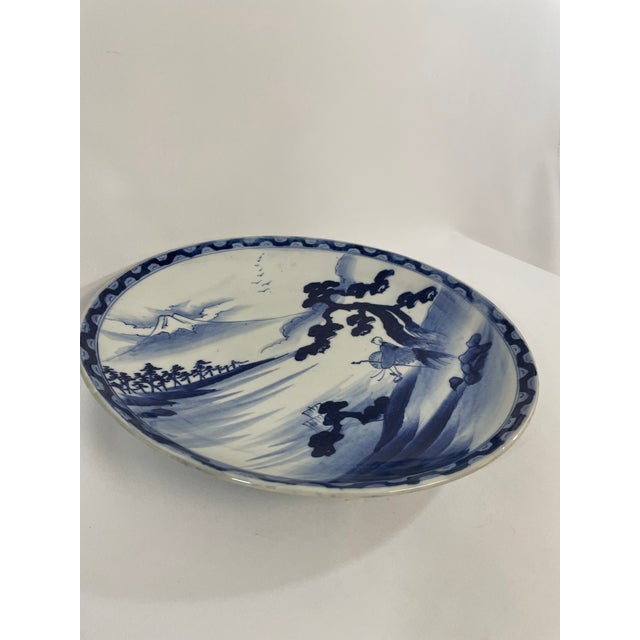 Early 20th Century Early 20th Century Large 14.5" Blue and White Japanese Charger Mt Fuji For Sale - Image 5 of 17