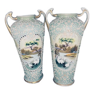 Antique Nippon Hand Painted Moriage Scenic Crane Vase Pair – 13” – Japan For Sale