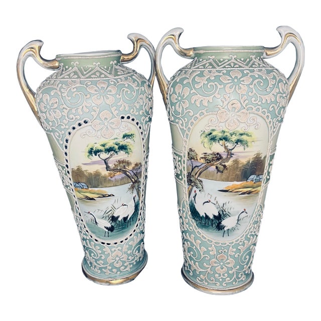 Antique Nippon Hand Painted Moriage Scenic Crane Vase Pair – 13” – Japan For Sale