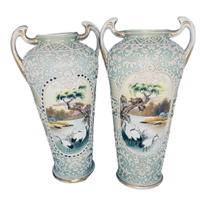 Antique Nippon Hand Painted Moriage Scenic Crane Vase Pair – 13” – Japan