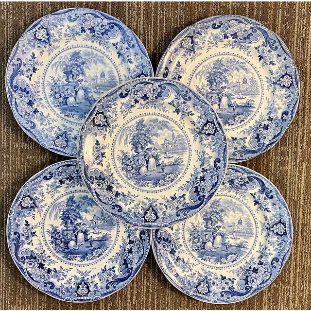 Blue Antique 19th Century English Regency Staffordshire Blue Transferware Dinner Plates - Italian Buildings by Ralph Hall Circa 1825 - Set of 5 For Sale - Image 8 of 17