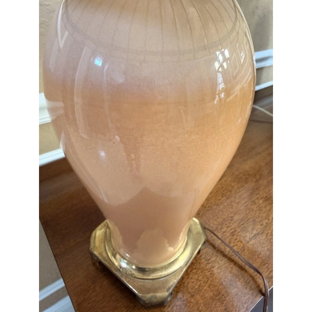 Apricot Vintage Mid-Century Modern Crescent Brass Manufacturing Co. Lamp & Slag Glass Shade. Glazed Apricot-Colored Base For Sale - Image 8 of 12