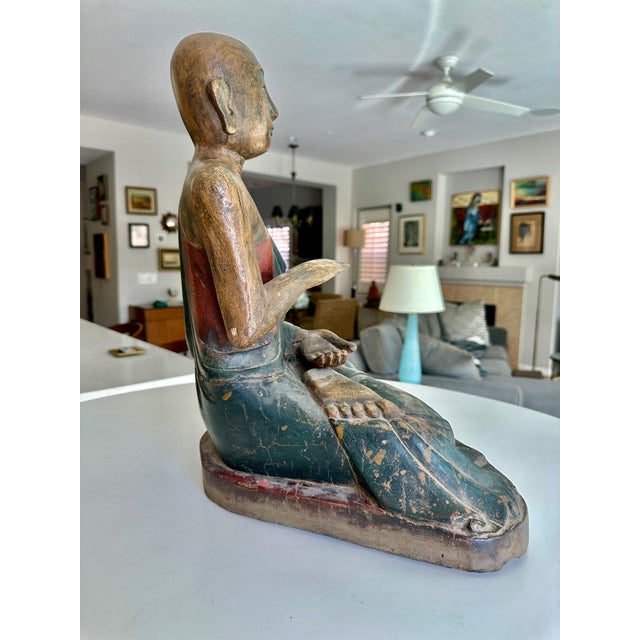 Antique Burmese Buddhist Monk Polychrome Wood Carving Statue For Sale In Palm Springs - Image 6 of 18