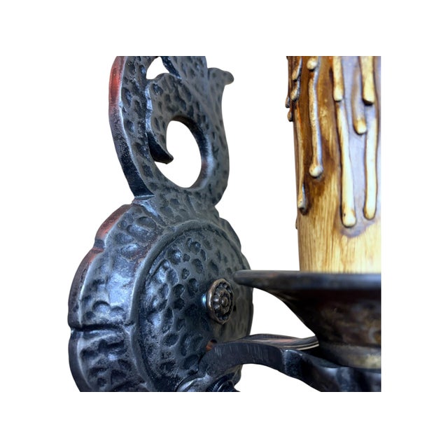 Metal Four Storybook Wall Sconces From 1920s With Original Finish, New Wiring, Antique Style Candle Sleeves Hammered Tudor Spanish Revival For Sale - Image 7 of 10