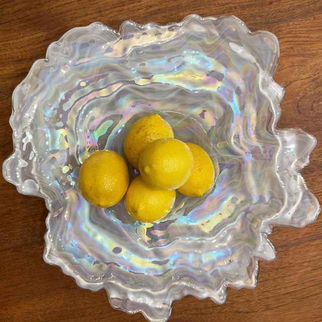1970s 1970s Don Shepherd Style Iridescent Icescape Lettuce or Oyster Art Glass Centerpiece Bowl For Sale - Image 5 of 12