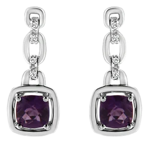 .925 Sterling Silver 6x6MM Cushion Shaped Natural Purple Amethyst and Diamond Accent Drop and Dangle Earrings