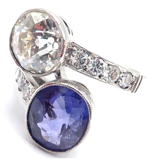 Vintage Estate Platinum Diamond Sapphire Art Deco Crossover Ring, Size 6.5 For Sale - Image 4 of 10