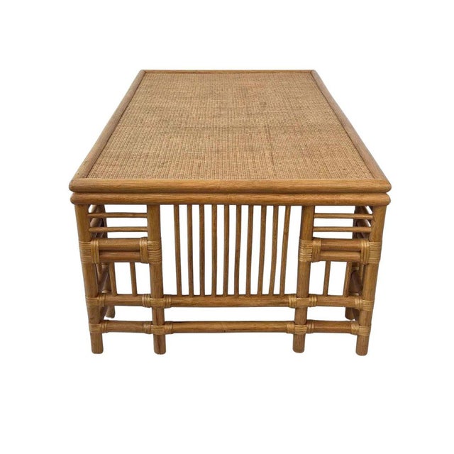 Coastal Vintage Bamboo and Rattan Fretwork Coffee Table With Woven Top For Sale - Image 3 of 4
