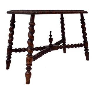 Antique English Barley Twist Footstool Small Bench Carved Top Oak For Sale